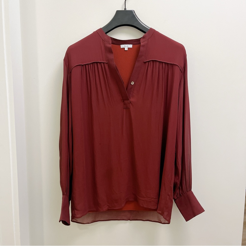 Iris & Ink Burgundy Imogen chiffon half button up blouse shirt Size 6 New